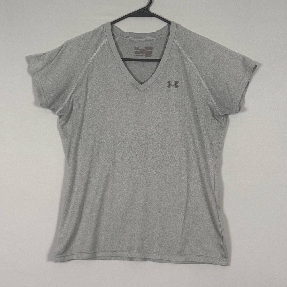 Under Armour T-Shirt Womens MD Gray V-Neck HeatGear Short Sleeve 1228321